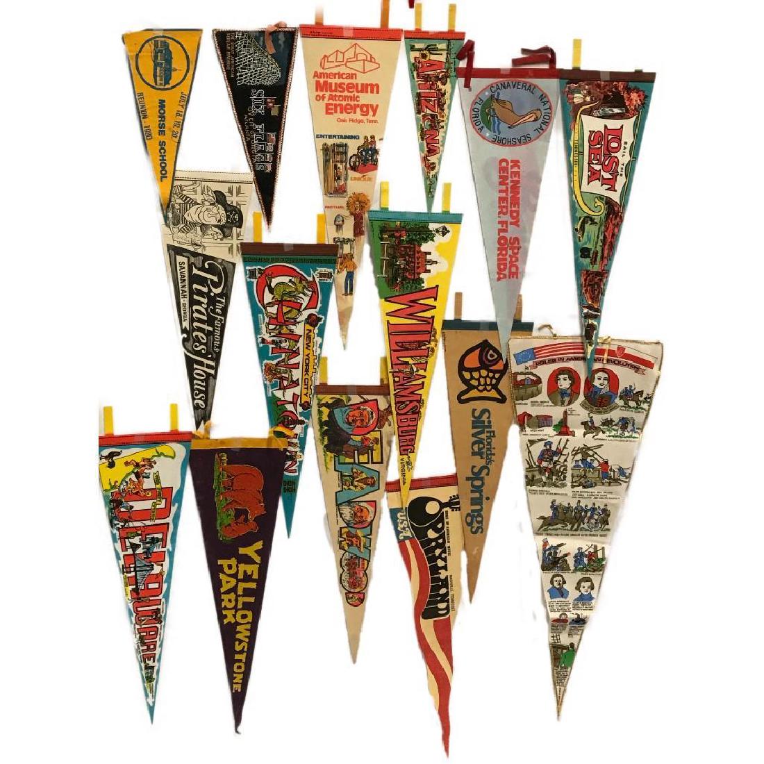 15 Souvenir Travel Pennants: 15 Vintage pennants from various United States locations. Included are Six Flags Over Georgia, The Pirate House Savannah, American Museum of Atomic Energy Oak Ridge Tennessee, Arizona, Kennedy Space C