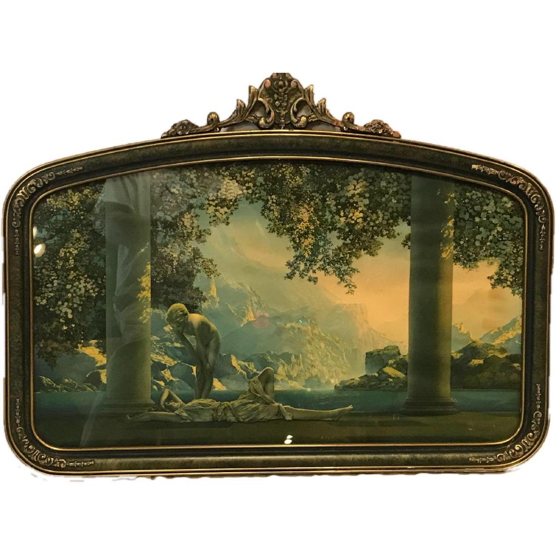 1922 Daybreak Maxfield Parrish: This antique framed print is titled "Daybreak" by artist Maxfield Parish. The artist was a famed illustrator and was later known for androgynous nudes in wondrous settings. Daybreak is considered