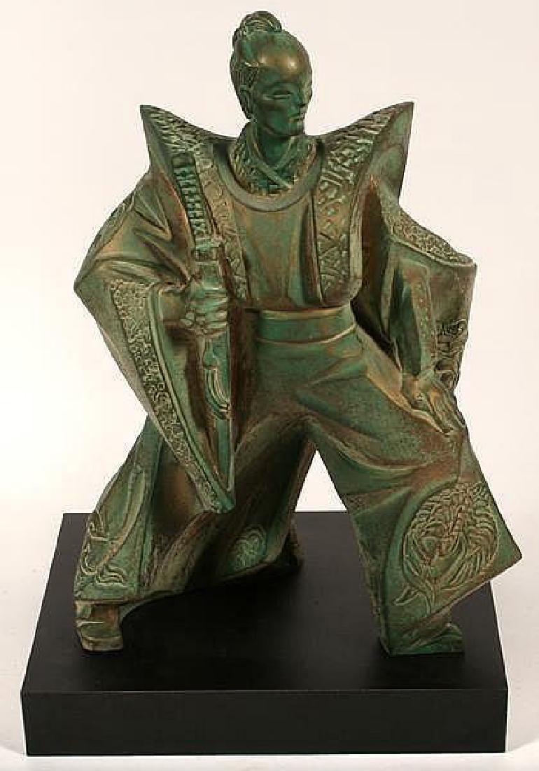 Ceramic Samurai Statue Austin Productions 1989: 1989 AUSTIN CAST OF SAMURAI. 1989 Austin Products cast of a samurai, green patina ceramic set on rectangular black base. Signed; Lee 1989 Austin Prod Inc. it measures approximately 19'' high, 12.5"'