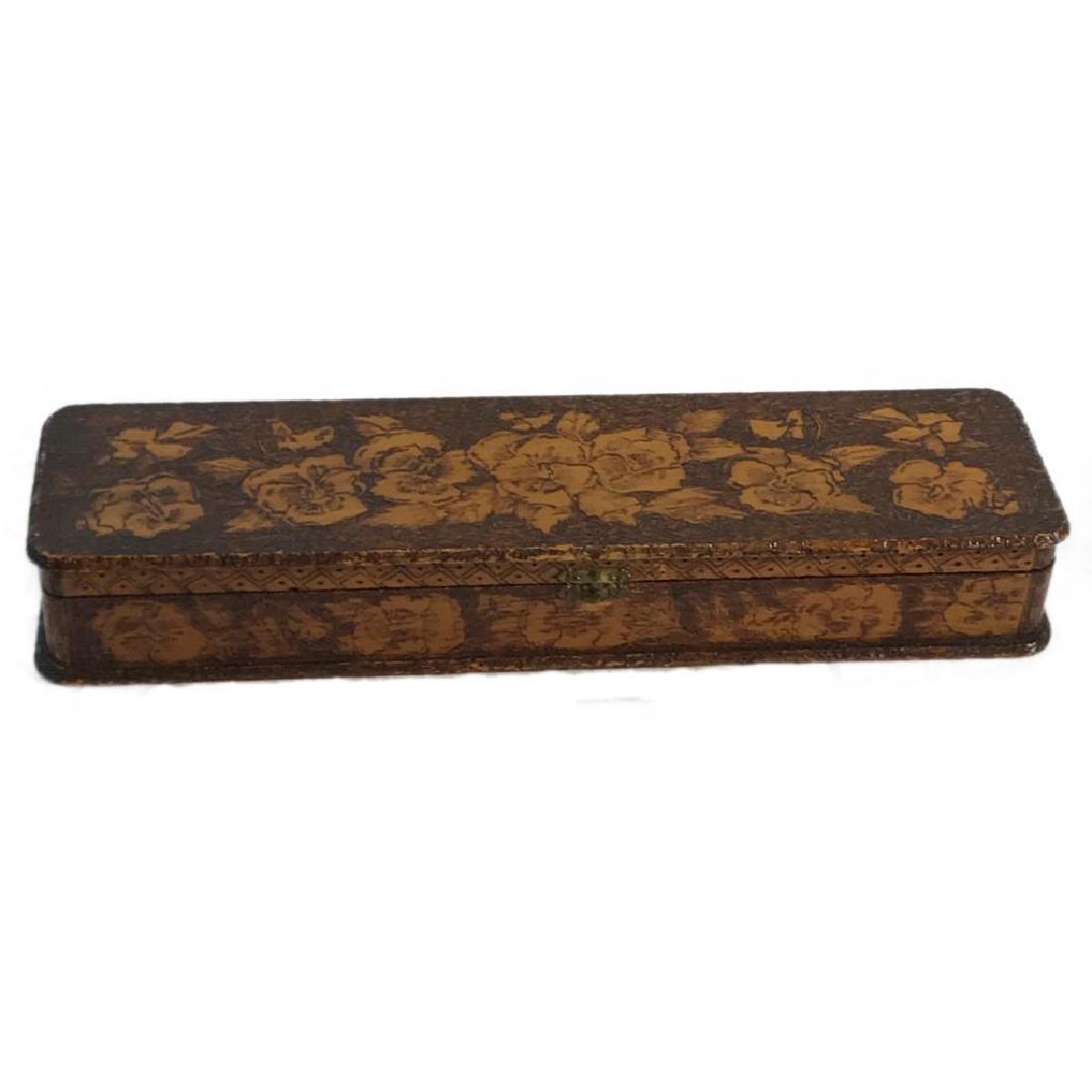Cool wooden box: This is a great vintage trinket box. Carved wood in a floral motif, lined with fabric. it's very hippy dippy cool. It measures approximately 3.5" high, 18.5" long and 5" deep.