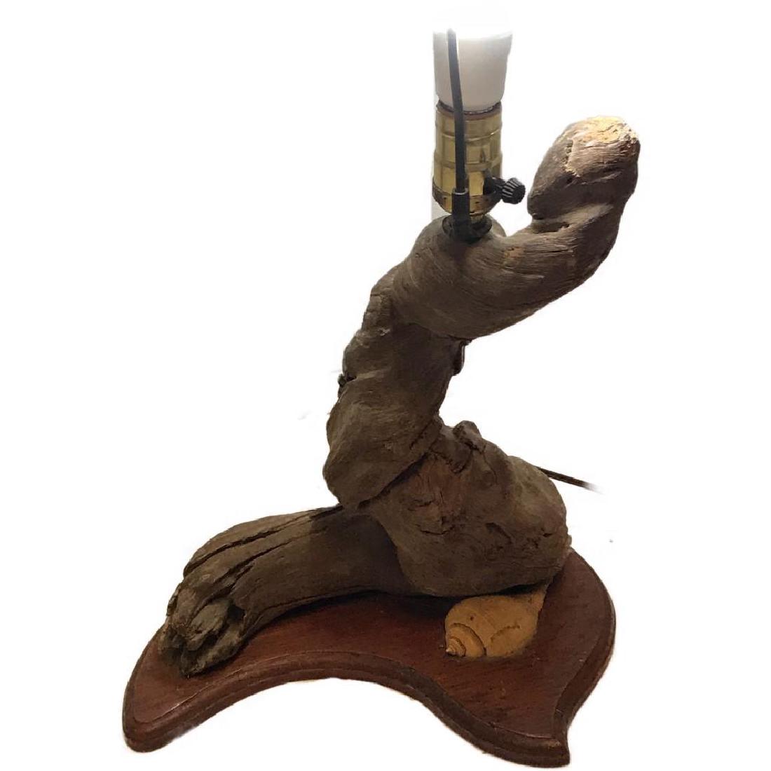 Mid Century Driftwood Table Lamp: Vintage Lighting 1950's Mid Century Rustic Natural Wood Tree Branch Table Lamps. Appears to be handcrafted from natural wooden vine root on a wood platform with a shell at the base. Measures