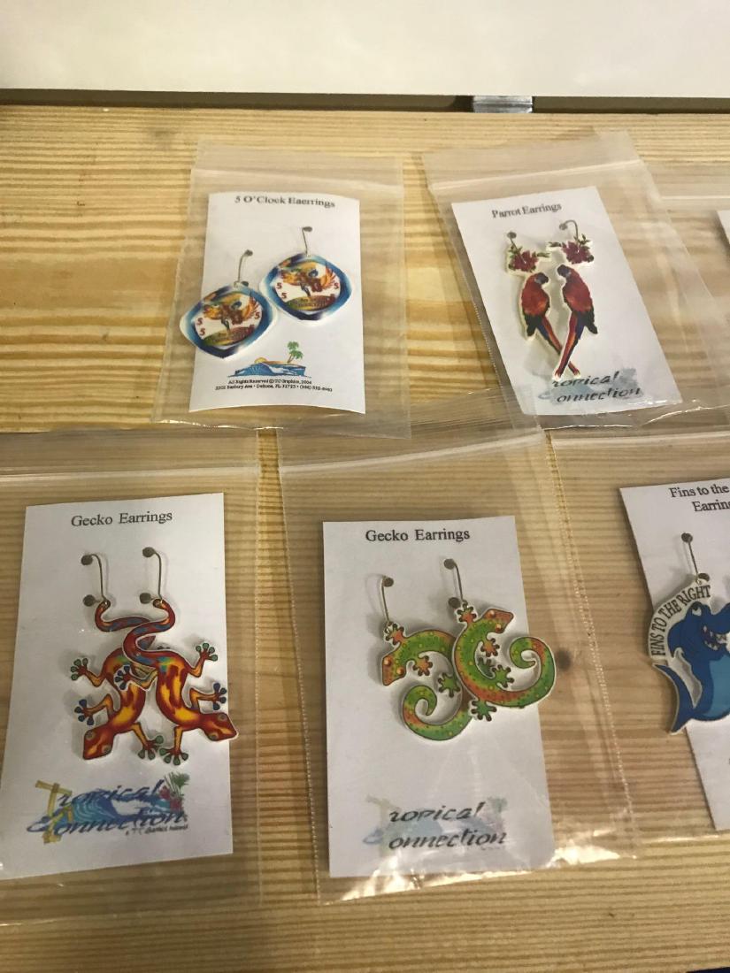 32 Tropical Sets of Earrings: Variety of Earrings to include Toucan, Sunset, 5'O Clock, Fins, Gecko, Parrots, Fun Drinks, etc.