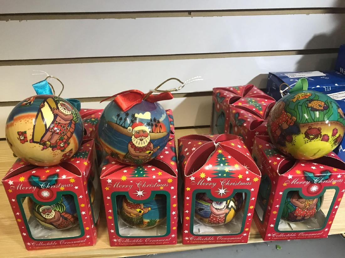 Eleven Santa Christmas Ball Ornaments (Variety): 3-Santa Surfboard 3-Santa Ukulele 1-Santa Surfboard (Different Style) 4-Santa Snorkling ï¾