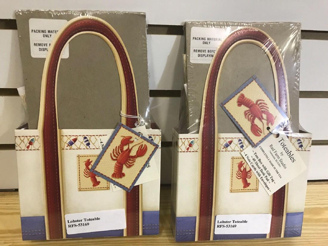 Five Lobster Toteable: Each comes with: Tote Box with Gift Tag 40 Sheet Desk Pad 4 Note Cards with Envelopes