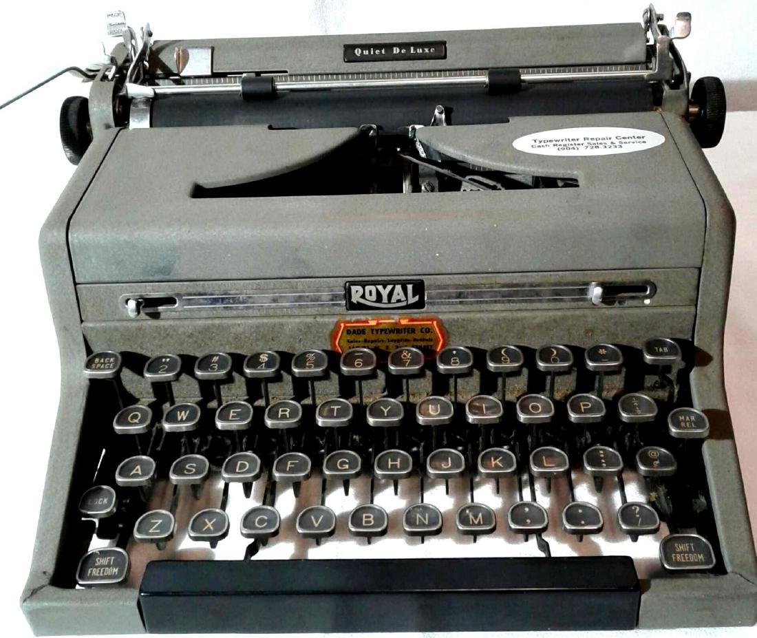1949 Royal Typewriter Quiet Deluxe: Vintage Royal typewriter. Quiet deluxe model. The Quiet Deluxe is the typewriter that Ian Fleming typed all the James Bond stories, (except for Casino Royale) and one was also used by Hemingway. Pick