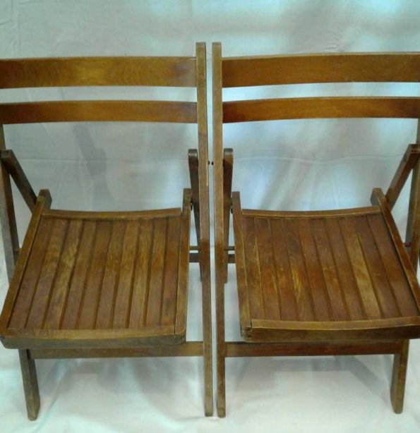 2 Vintage Wooden Folding Chairs: 2 Well built wooden chairs. They are folding style, perfect for pool or patio. When open they measure approximately 32"H x 18"W, the seat is 14" square. Some normal wear that does not affect the quali