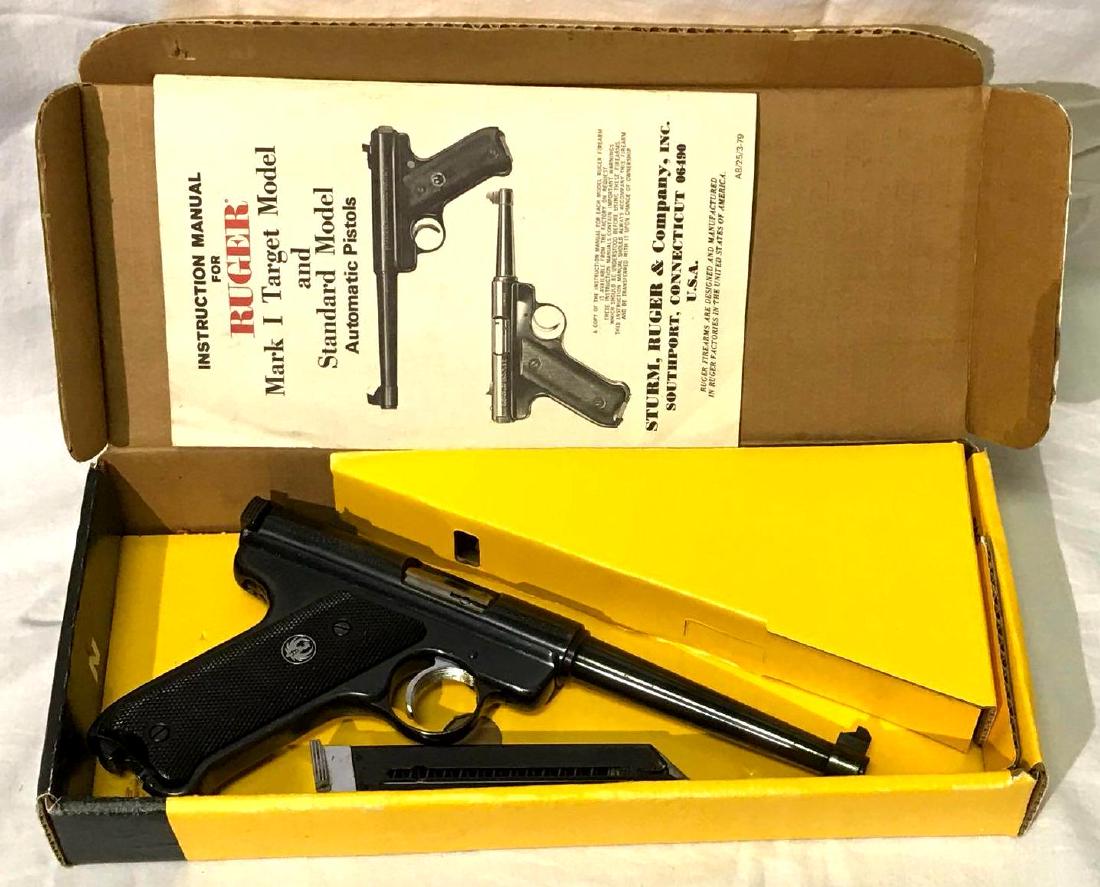 1977 Ruger Mark I .22 Caliber Handgun: Vintage Ruger Mark 1 .22 Caliber Pistol. Serial Number 14-34592, made in 1977. It's in good condition. Bore is clean and body has only minimal Surface rust. Bluing at around 80%.