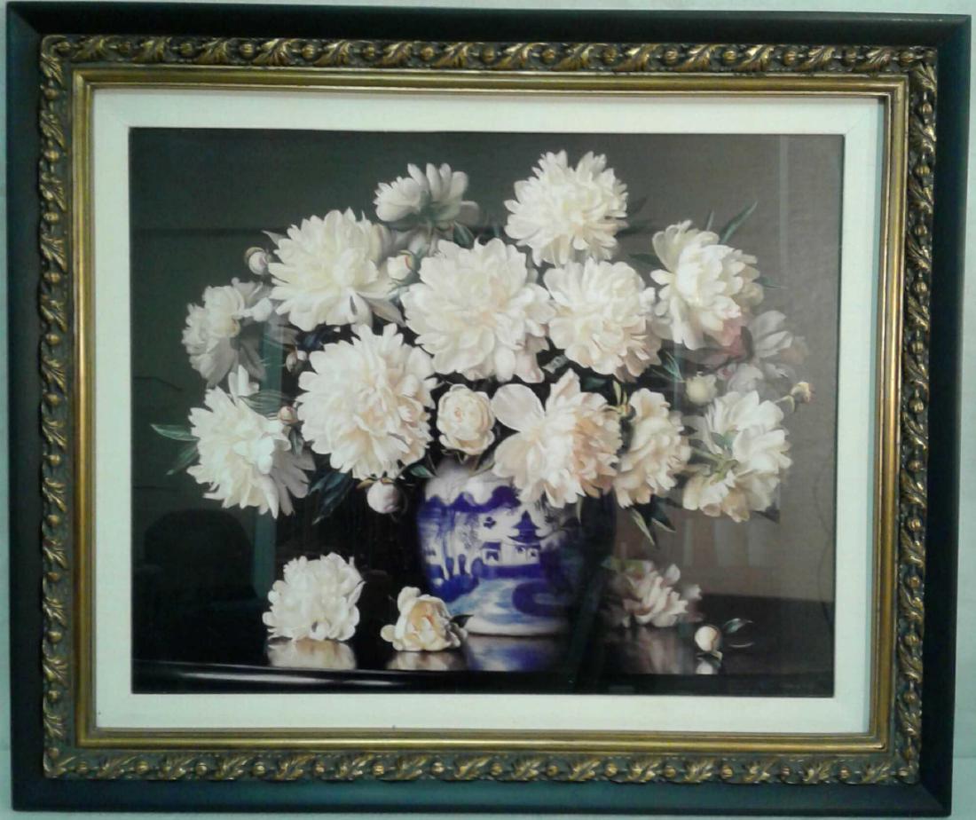 Evan Wilson, Peonies Flowers Picture: A signed by Evan Wilson print of Peonies flowers in a clay vase. Professional and quality mounted frame that is hand crafted and painted. This artwork measures 29" x 34" and is in very good used co
