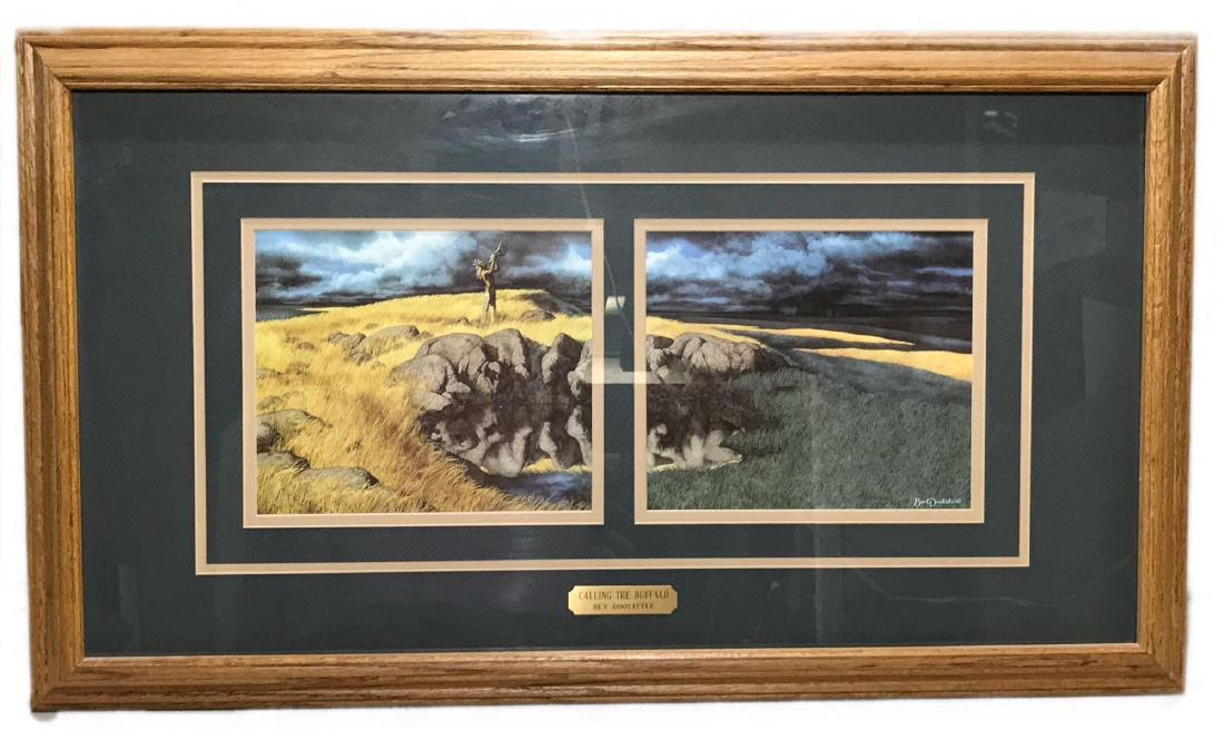 "Calling the Buffalo" by Bev Doolittle: In "Calling the Buffalo" a medicine man of the Sioux has been chosen by his tribe to call the buffalo. His chants and prayers, aided by the powerful magic of a buffalo skull, are meant to entice the h
