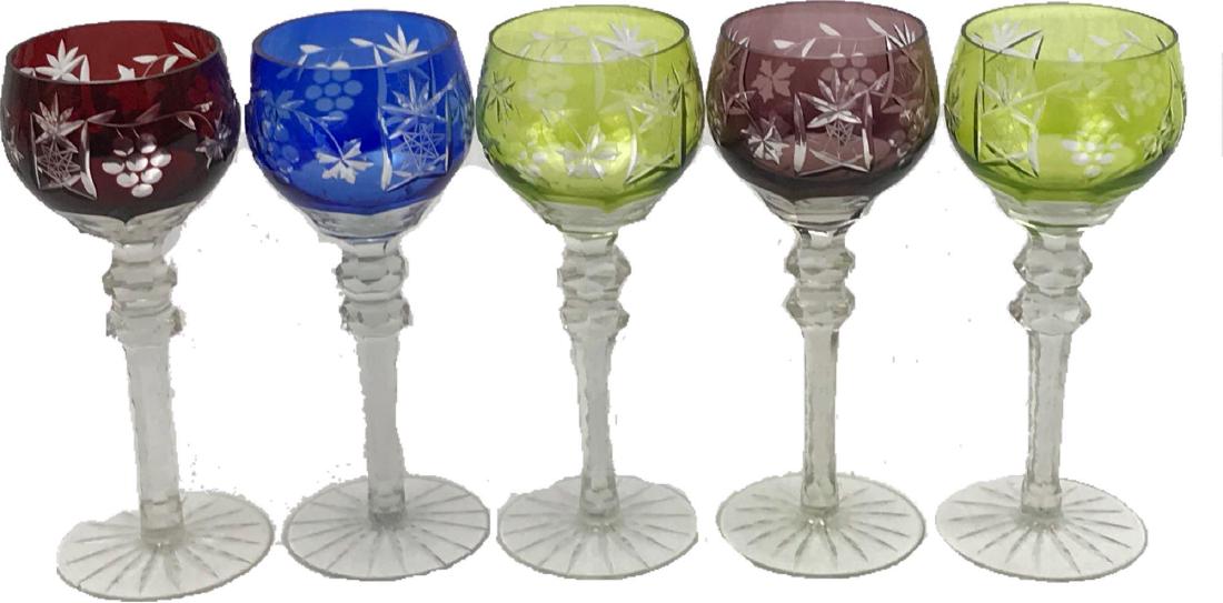 Cut To Clear CZech Glass Wine Goblets: 5 gorgeous wine goblets.Â They Are unsigned but the pattern and craftsmanship are in the style of vintage Czech glass.Â Thy measure approximately 8.5" tall by 3' across.Â No chips or cracks w