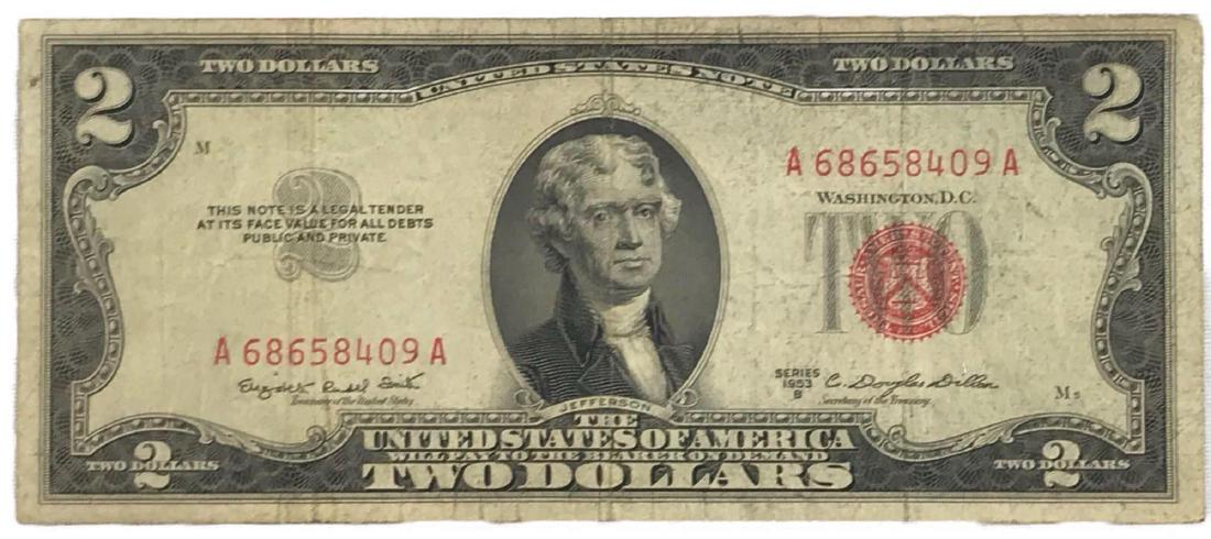 1953 Red Seal Washington Two Dollar Bill: This two dollar bill was printed in D.C. in 1953.Â Examine pics closely for Condition.-TPJ
