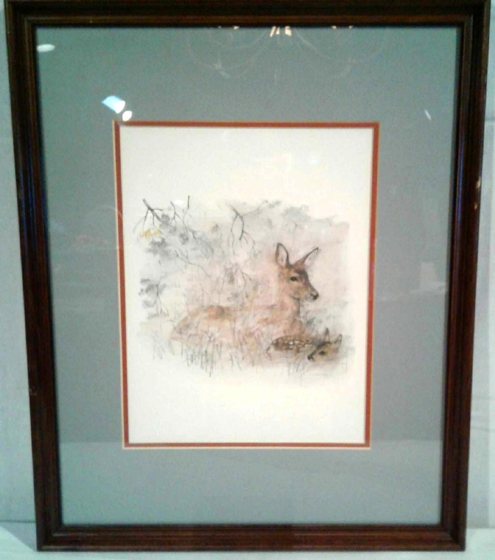 Mads Stage Print, Doe and Fawn Scene, 21.5" x 17": Mads Stage (6 July 1922 â€“ 28 May 2004), born in Copenhagen, was a Danish artist. Stage was a respected and beloved artist and was educated at the Royal Academy of Fine Arts. Scenes of animals a