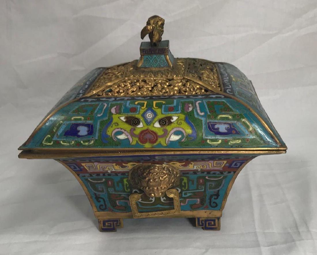 Antique Chinese Cloisonne Incense Burner: Antique Chinese Cloisonne Incense Burner, beautiful object, very large probably for a temple, excellentÂ condition with nice patina, measures 10" square x 9" H.