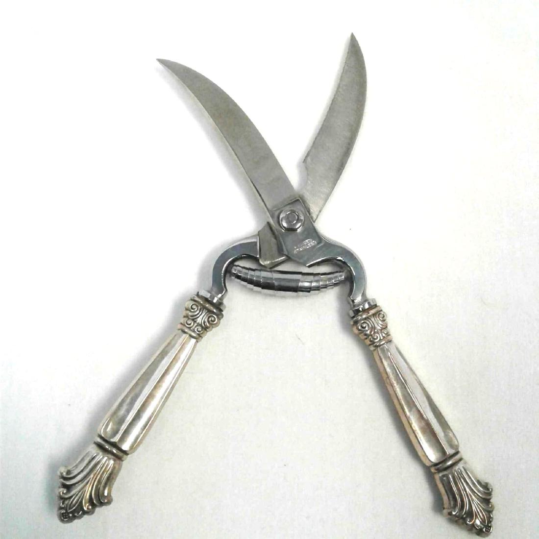 Sterling Silver Kitchen Cutters: Sterling Silver Kitchen Cutters, large culinary shears, stainless blades, Sterling handles, excellent condition, measures 11" L overall, 4" L blades.