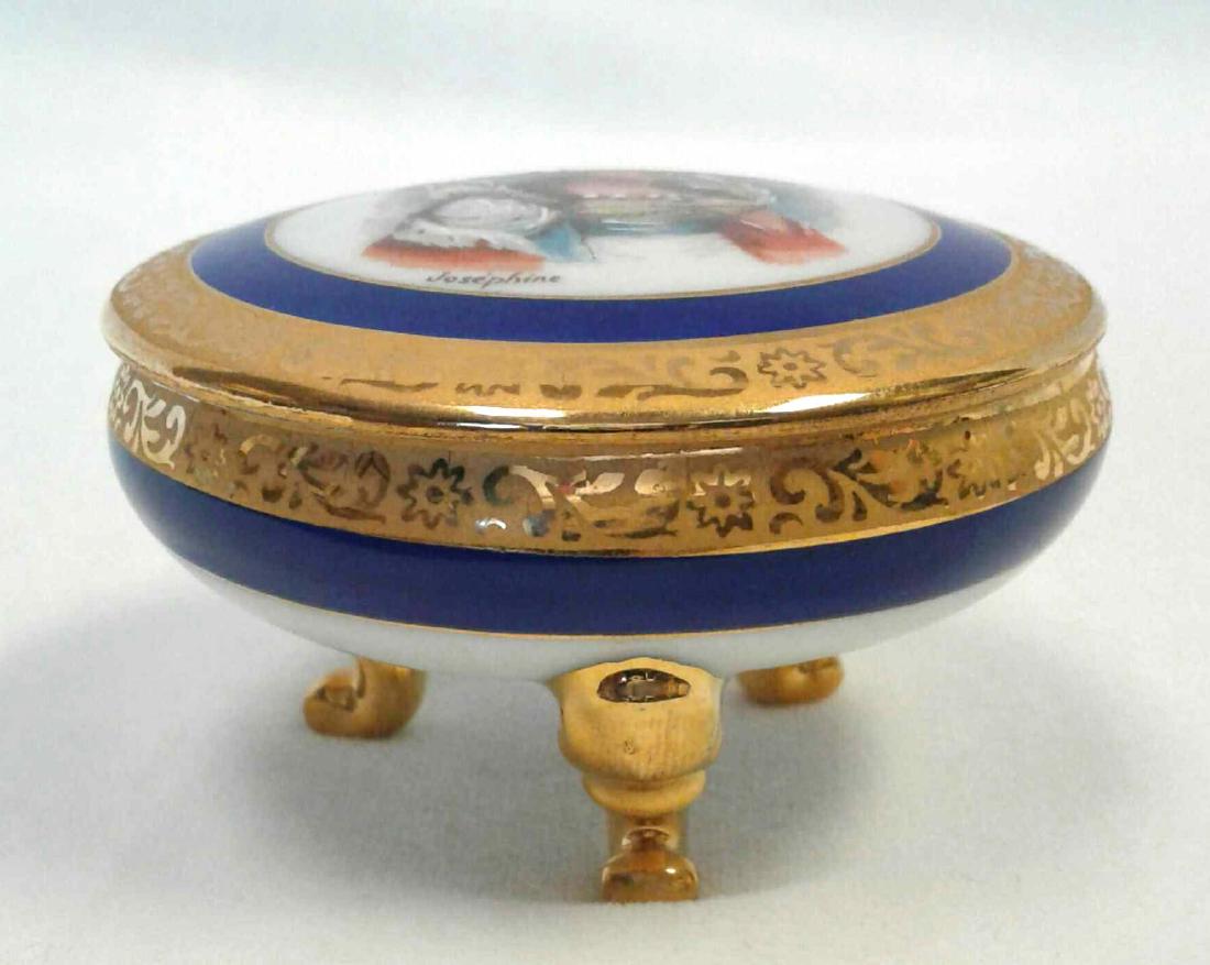Small Limoges Trinket with Lid: Small Limoges Trinket with Lid, charming classical trinket dish, hand painted, portrait of Josephine on lid bordered in blue and gold, marked "Limoges", mint condition, no chips or flecks, measures 2"