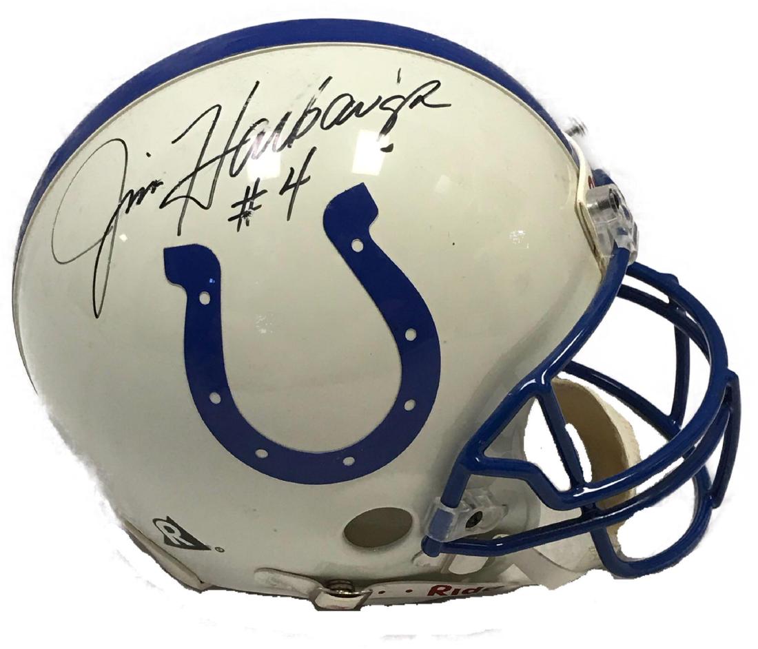 Jim Harbaugh Autographed Indianapolis Colts Helmet: Jim Harbaugh Autographed Indianapolis Colts Helmet; a great piece of sports memorabilia from the famed quarterback and coach. The helmet is an NFL Riddle helmet and the condition is excellent. Jim Har