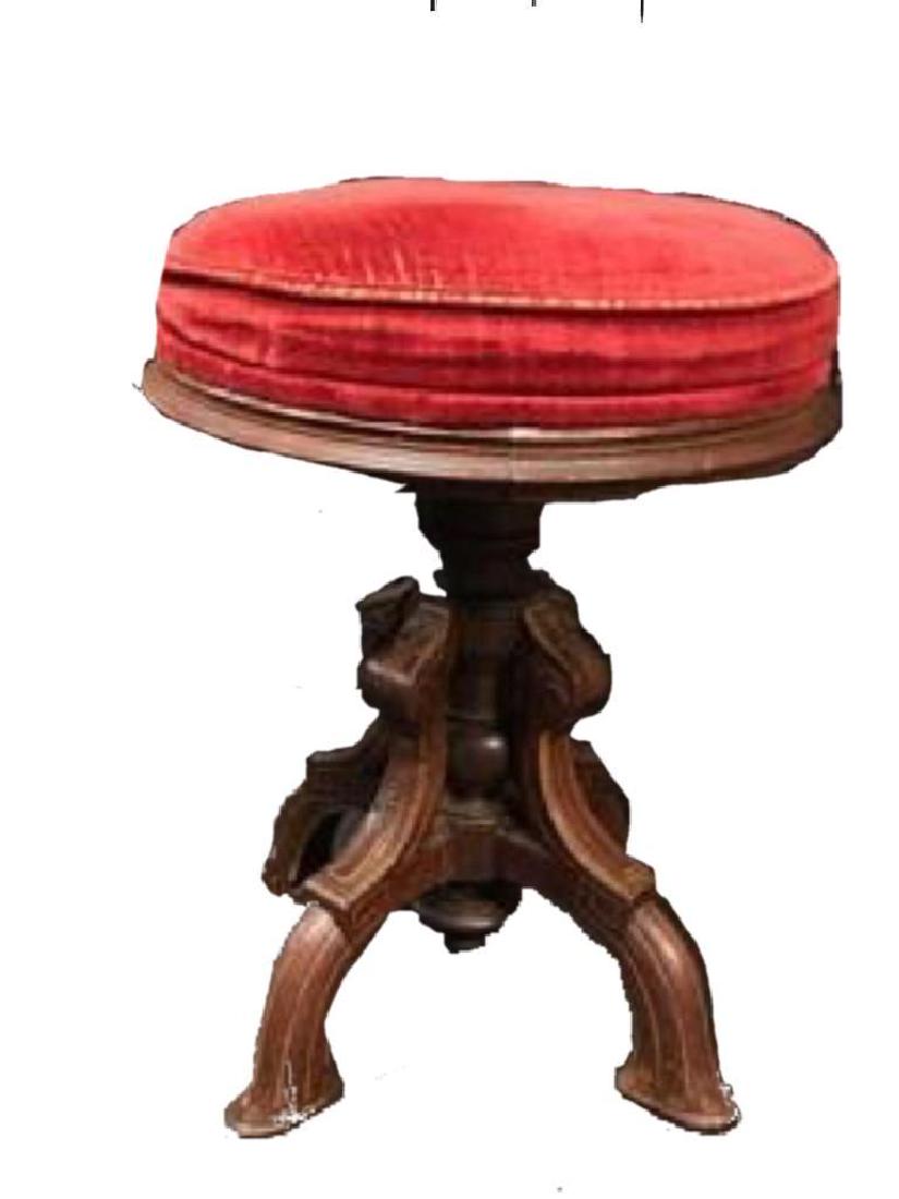 Vintage Adjustable Piano Stool: Here is a nice wooden piano stool. It has a padded red velvet upholstered cushion. Four carved legs surround an ornate center post. It measures approximately 21" tall by 15" across.
