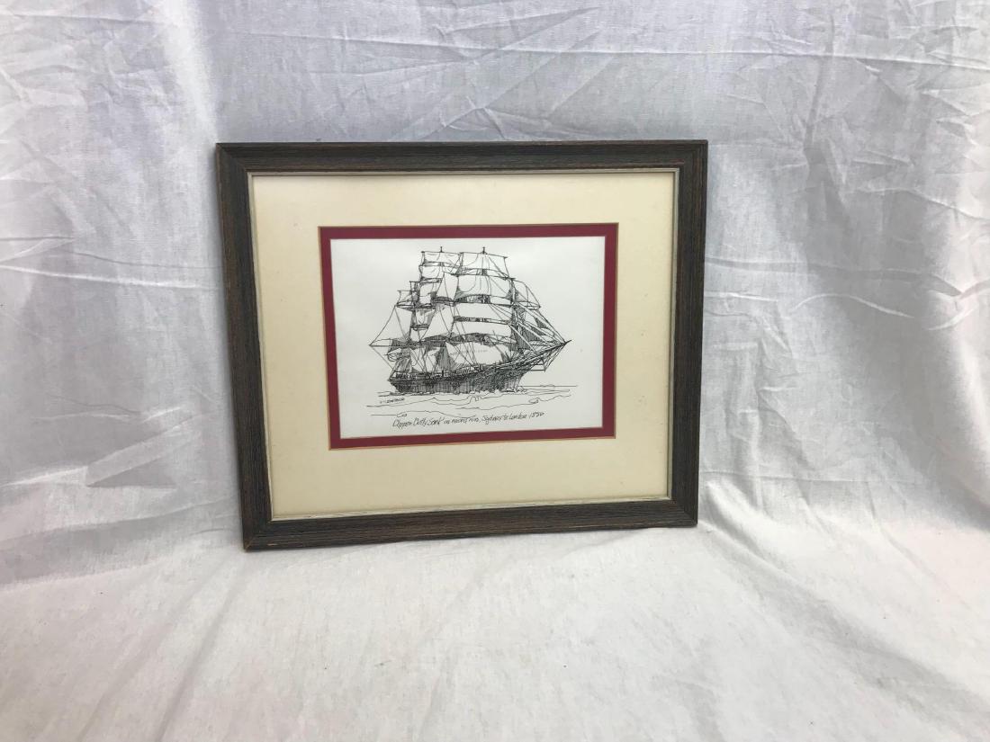 Marine Art, Pen and Ink Print Clipper Cutty Sark: Marine Art, Pen and Ink Print Clipper Cutty Sark; a high quality print titled " Clipper Cutty Sar on Record Run, Sydney to London - 1886". This print is glazed and double mounted in a nice wood frame.