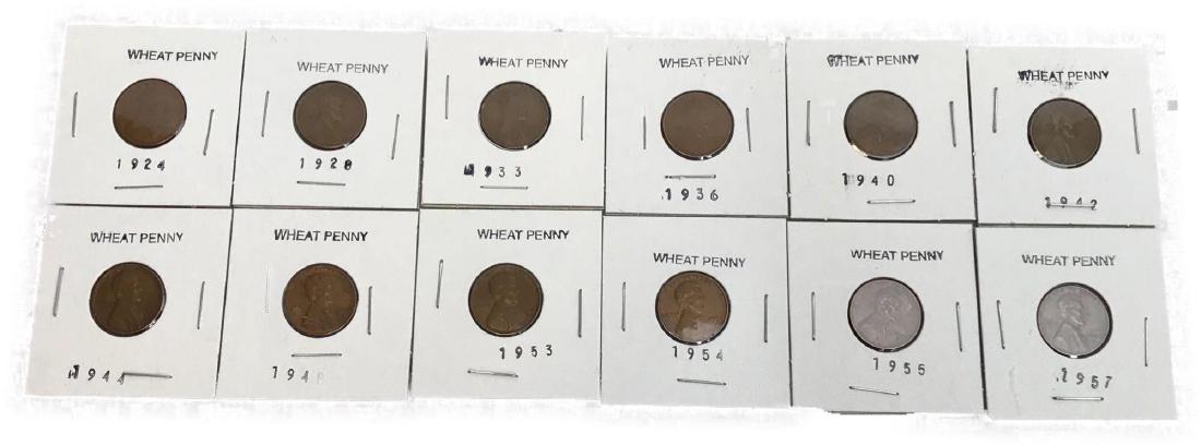 12 Lincoln Wheat One Cent United States Coin: 12 Vintage Lincoln Pennies with the Wheat reverse. This set includes the years 1924, 1928, 1933, 1936, 1940, 1942, 1944, 1948, 1953, 1954, 1955 and 1957