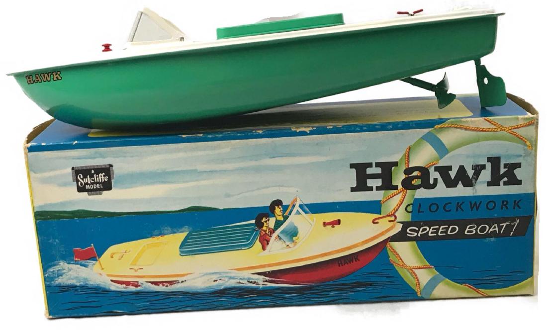 Sutcliffe Clockwork Tin Toy Speed Boat "Hawk": Sutcliffe Clockwork Tin Toy Speed Boat "Hawk"; a toy Speed Boat from the world famous Sutcliffe Pressings LTD of Horsforth near Leeds, England. This tinplate toy is a great example of British craftsma