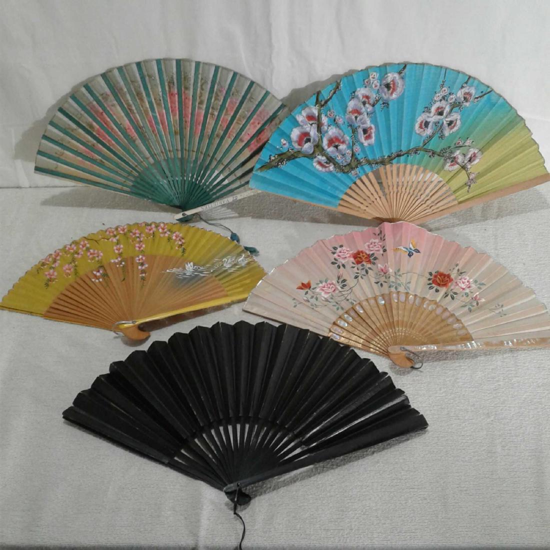 5 Victorian Oriental Style Fans: Collection of Five Victorian Oriental Style Fans, 1) very fine bamboo fan, hand painted scene of swans and cherry blossoms, gold colored fabric trim, 8" L, excellent condition, 2) beautiful bamboo fan