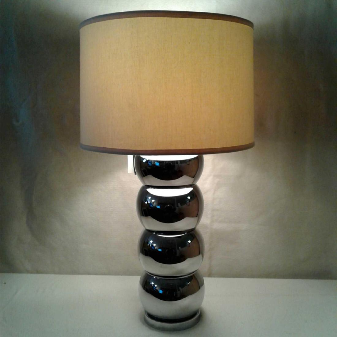 George Kovacs Nickel Chrome Caterpillar Lamp: Elegant and classic stacked ball table lamp in nickel chrome mirror finish on chrome. This piece has the Original Hang Tags still on it. It could use a good polishing. Minor Pitting from long term sto