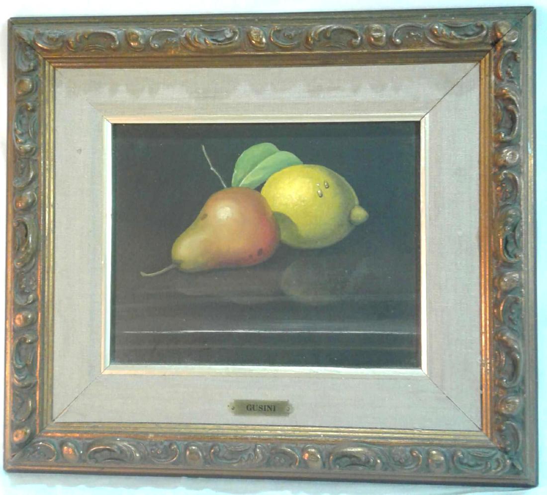 Vintage Original Antonio Gusini Pear & Lemon Canvas: This Antonio Gusini is in very good used condition. Nice golden wood frame. The matting has some discoloration and pulling in on corner. Frame is approx. 17"x 14.5" RP