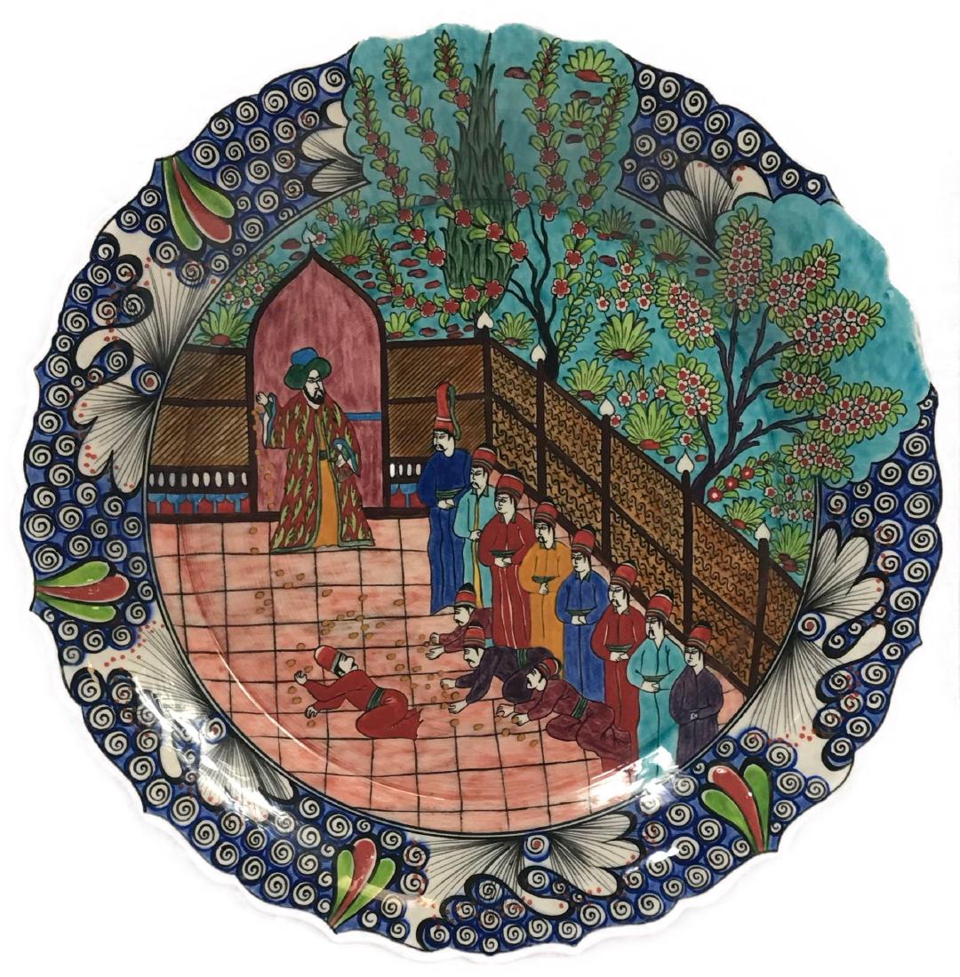 Middle Eastern Large Porcelain Plate: Middle Eastern Large Porcelain Plate, depicting interesting scene, strong colors, signed "Orchn Guner-Kutahya", excellent condition, drilled for mounting on wall, comes with stand for table top, measu