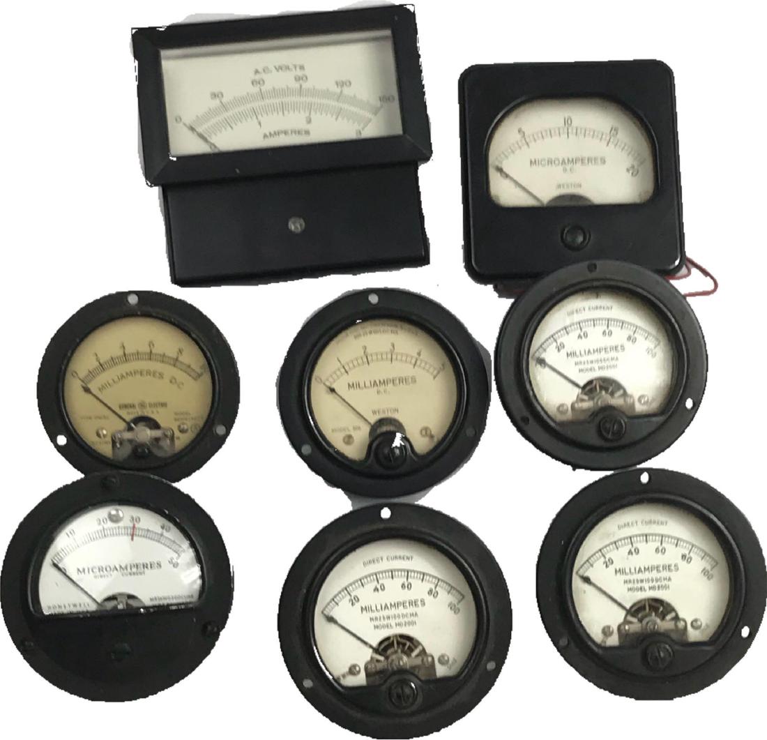 8 Vintage Voltage Meters Gauges: This lot includes 1 Weston D.C. Microamperes gauge, 1 Weston D.C. Milliamperes gauge model 506, 1 Honeywell Microamperes Direct Current Gauge Model HS2Z, General Electric (GE) Milliamperes DC Gauge Ty