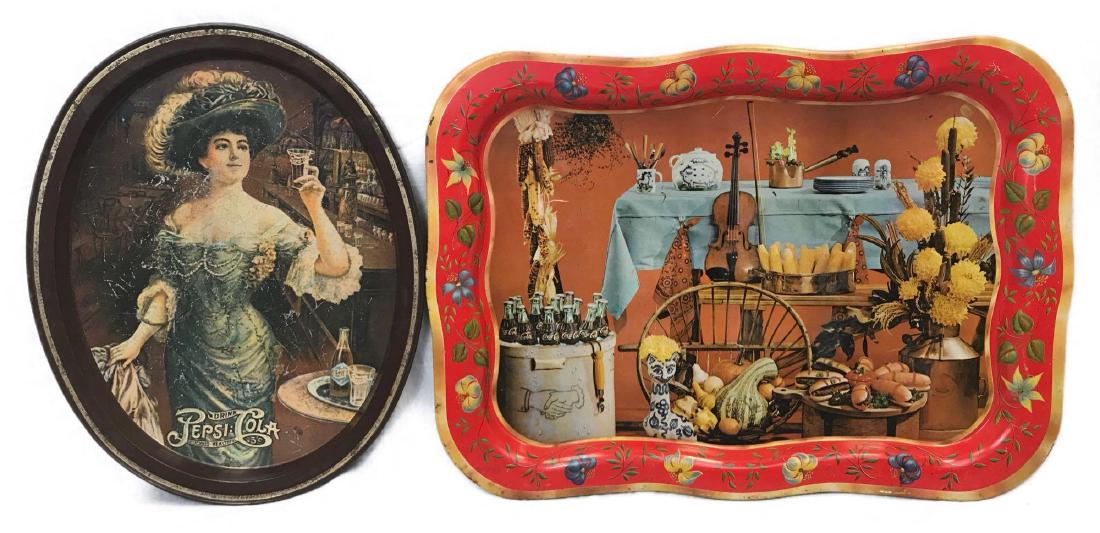 Vintage Metal Serving Trays: Vintage Metal Serving Trays; 1) showing a table set for the fall hoedown with a crock of Coca Cola, circa 1960, in good condition with some soiling and slight wear of finish on the edges and back, app