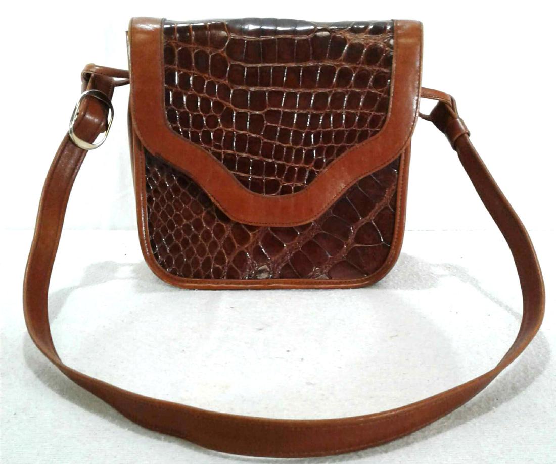 Genuine Alligator Shoulder Bag / Purse: Very classy Alligator Shoulder Bag by Justin, body dark brown with contrasting leather trim, excellent condition, measures 8 1/2" L x 3" D x 8" H, strap has 15" drop.
