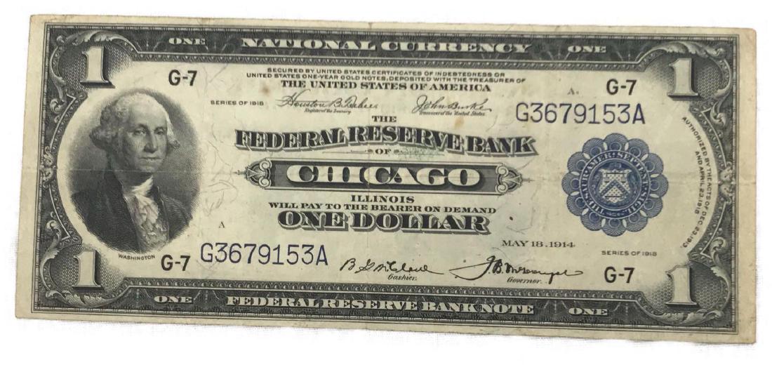 1918 $1.00 Federal Reserve Note Chicago: 1 Antique 1918 Large Federal Reserve note, minted in Chicago.Â Signed by Governor McDougal and features the Green Eagle on the reverse.Â Â This note appears to be in Very Good Condition.
