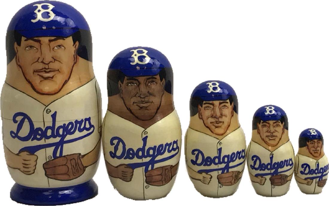 Unique Brooklyn Dodgers Nesting Dolls: Unique Brooklyn Dodgers Nesting Dolls; and dare we say rare in these parts. These are the original Boys of Summer, including; Duke Snider, Jackie Robinson, Pee Wee Reese, Don Newcombe, and Gil Hodges.