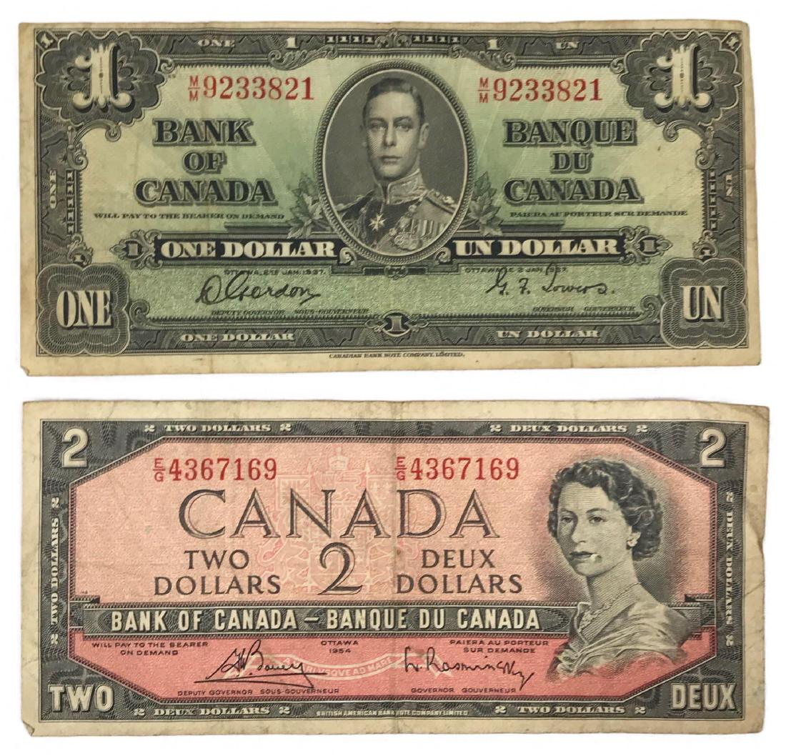 Canadian Currency One and Two Dollar Notes: Two notes of Canadian Currency, 1) One dollar note, Bank of Canada, dated 2nd Jan 1937, fine condition, 2) Two dollar note, Bank of Canada, dated 1954, fine condition.