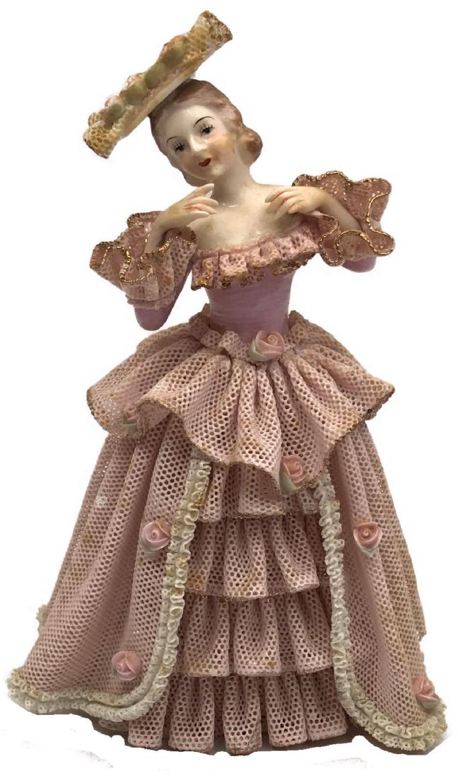 Delicate Porcelain Figurine, Lady in Pink Dress: Delicate Porcelain Figurine, Lady in Pink Dress; a figurine in pink Dresden Style Lace. A nice little piece that is marked (see attached photos). Our research of the mark could not define the maker, t