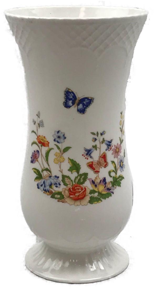 Vintage English Fine Bone China Cottage Garden Vase by: Vintage English Fine Bone China Cottage Garden Vase by Aynsley, Marked; this beautiful vase shows a nice lace pattern below the rim and above the base. The colors are very clean and strong and the fam