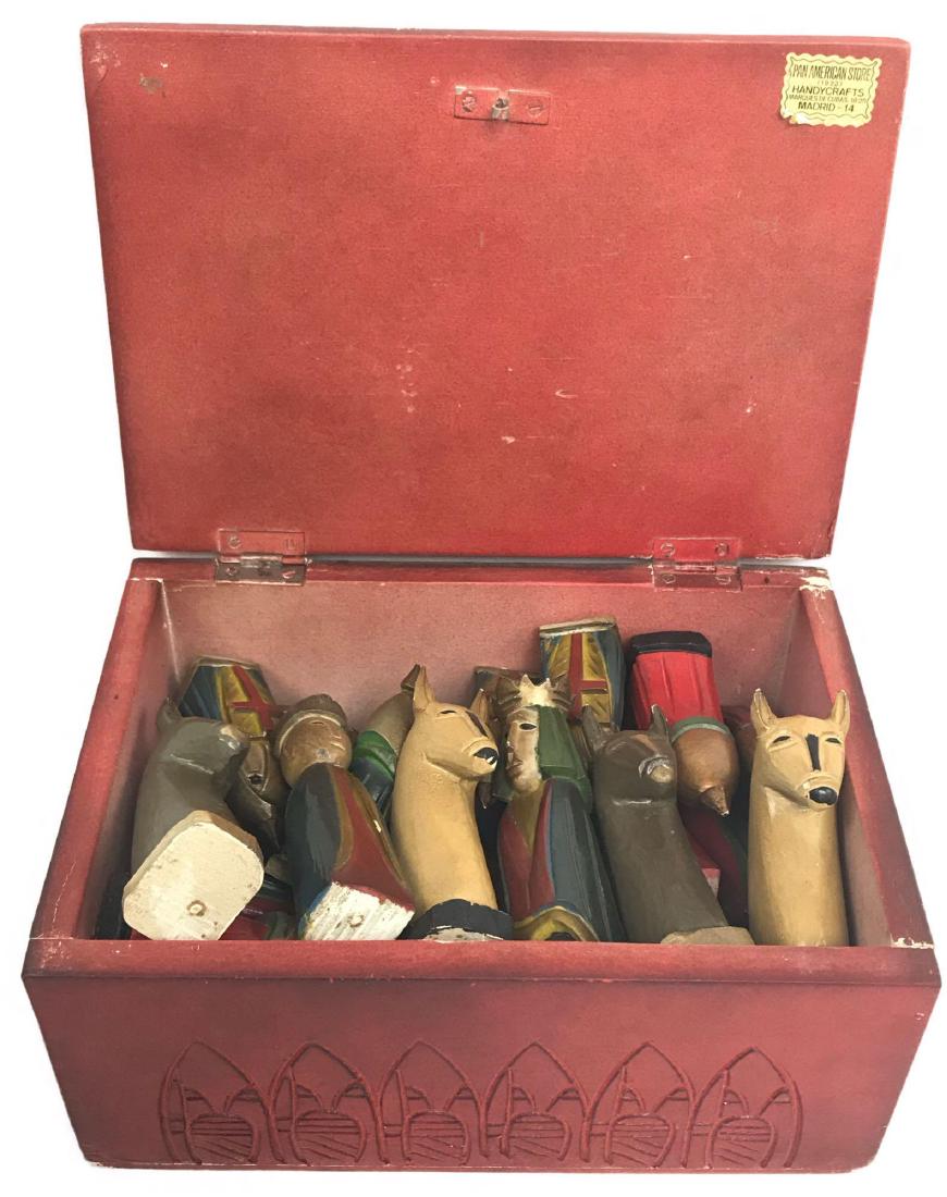 Vintage Hand Carved Knights Templar Chess Set: Vintage Hand Carved Knights Templar Chess Set; a nicely executed set of chessmen accomplished in a folk style (Spanish?). The pieces are stored in a wood box with carvings on three sides and top, the