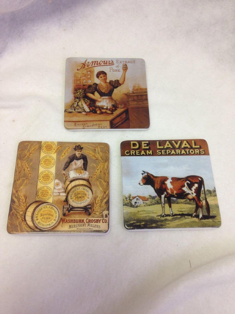 1 set of Bethany Lowe Designs trivet tiles lot 1: Here is 1 set of 3 trivet tiles from Bethany Lowe Designs. They feature vintage advertising signage of De Laval Cream Separators, Armour's Pork Extract, and Washburn Crosby Millers. They are new in