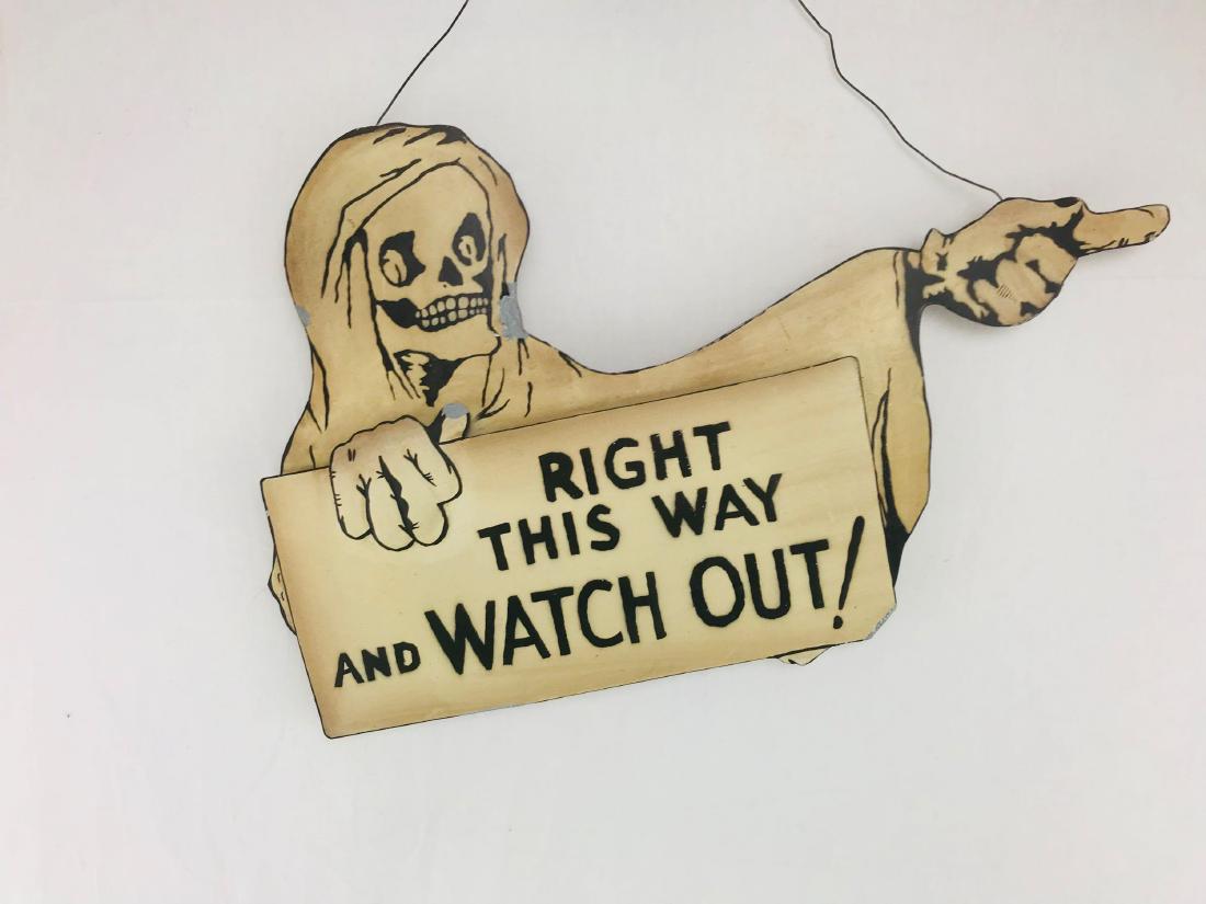 NOS - Halloween Decor - Signage with Ghost -: Here is a NEW OLD STOCK Halloween prop. This item is unused, clean, and ready to roll this Halloween Season. Item is metal and outdoor worthy.