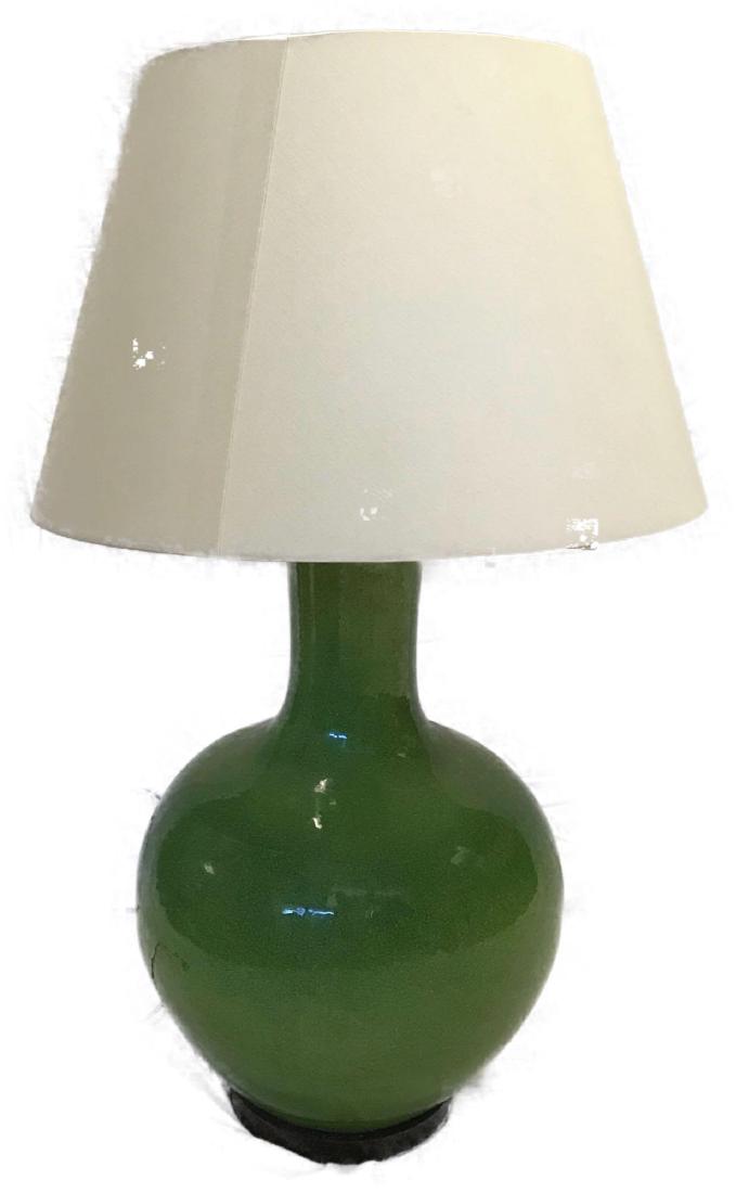Green Crackled Glass Table Lamp: Large Green Crackled Mid Century Modern Table Lamp; this Mid Century Jar lamp includes shade, harp and finial. The lush green ceramic body shows a crackled finish. The lamp is in very good condition, 