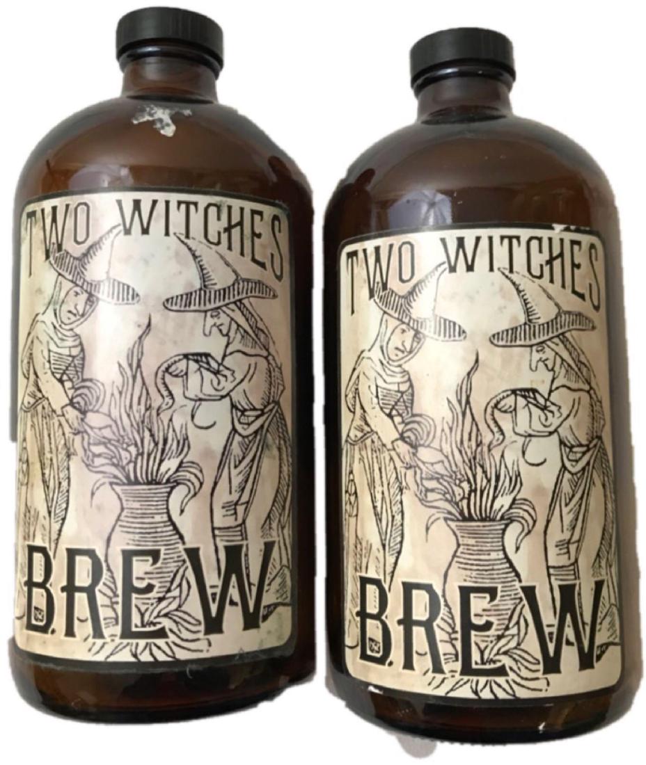 Two Witches Brew Bottles: Halloween Decor, 3 Brown Bottles of Brew/Potions to Enhance Your Life, NOS; these bottles could contain liquids that may change your life. Unfortunately, they are empty. The 2 bottles are have labels 
