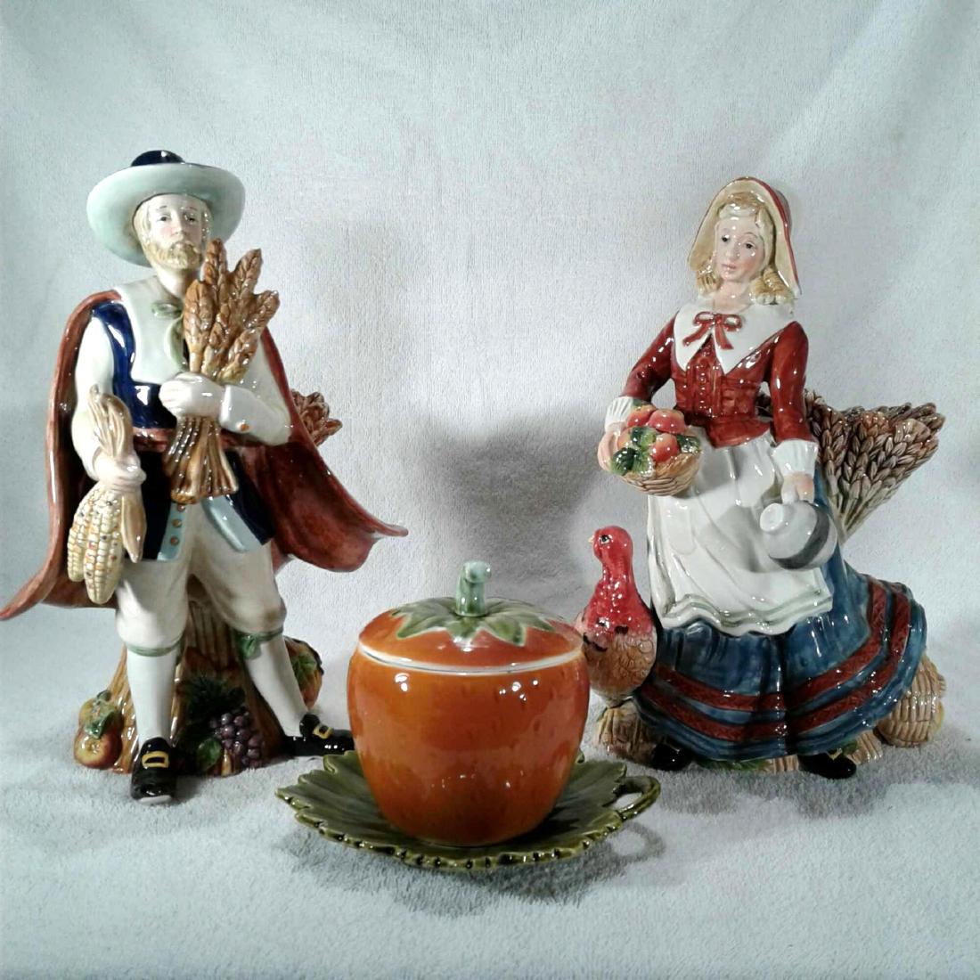 Fitz and Floyd Classics Harvest Heritage With Pumpkin: A beautiful and rare Fitz and Floyd Harvest Heritage Male and Female Candleholder Figurines. Included with this Thanksgiving theme is a Germany Ceramic Pumpkin Sugar Dish. These lovely pieces are