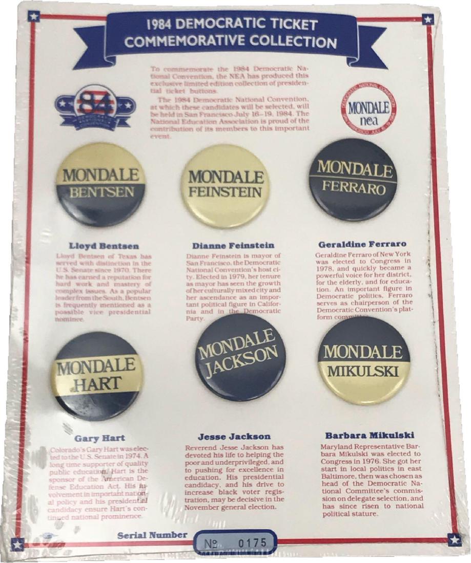 Rare 1984 Democratic Ticket Commemorative Collection: Rare 1984 Democratic Ticket Commemorative Collection of Prospective Vice President Buttons; a collection showing the various candidates at the beginning of this convention. This commemorative set was 