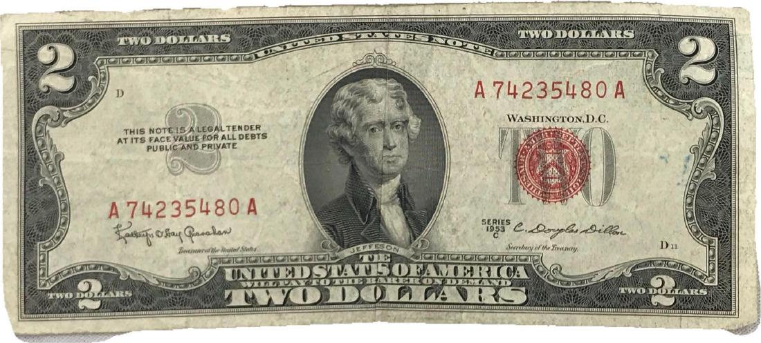 1953 Two Dollar Bill U.S. Currency: The 1953 $2 Note was Printed for the U.S. Treasury at the Washington D.C. Mint. Signed By C. Douglas Dillon. Please examine pictures closely for condition.