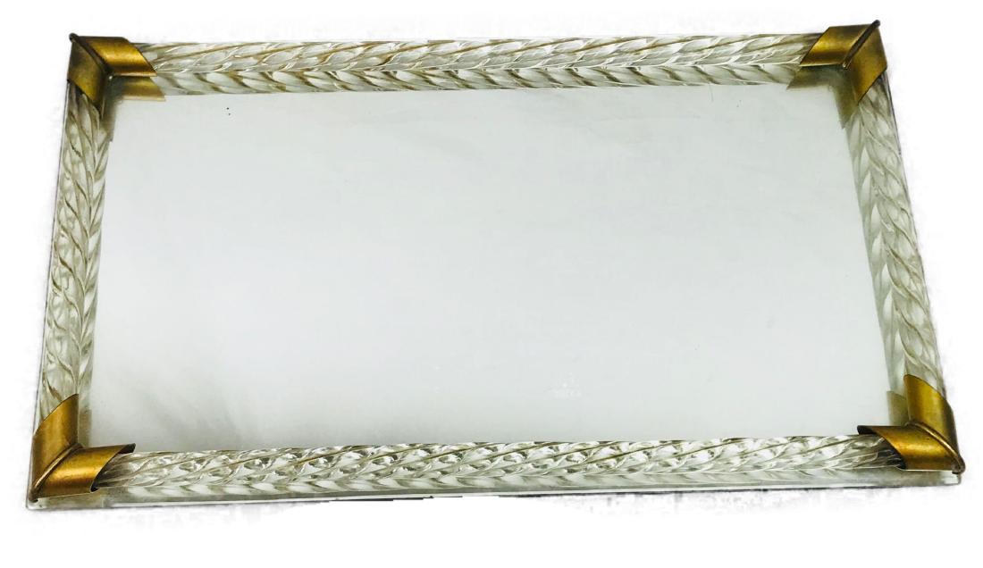Vintage Lucite and Brass Mirrored Tray: Here we have a Vintage Art Deco style Mirror tray surrounded with swirled lucite rods and brass accents. It measures approximately 9" by 16" No defects were defected.