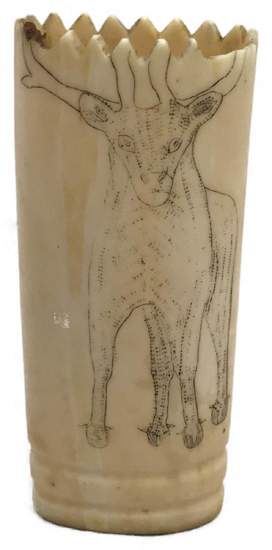 Antique Scrimshaw Carved Bone Pencil Cup: Antique Scrimshaw Carved Bone Pencil Cup; a bone pencil holder with the image of a animal with antlers (reindeer or caribou?) carved on the obverse. This pencil and pen cup shows a nice double groove 