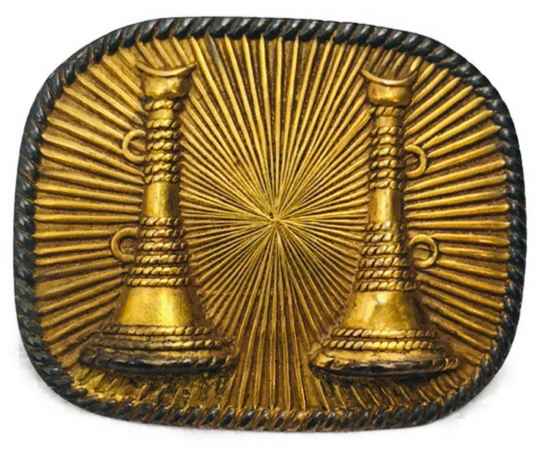 Rare Vintage Fire Department Captains Badge Showing Two: Rare Vintage Fire Department Captains Badge Showing Two Bugles; a very high quality fireman's emblem showing captain rank by two bugles standing side by side. The detailed brass badge shows a cast sta
