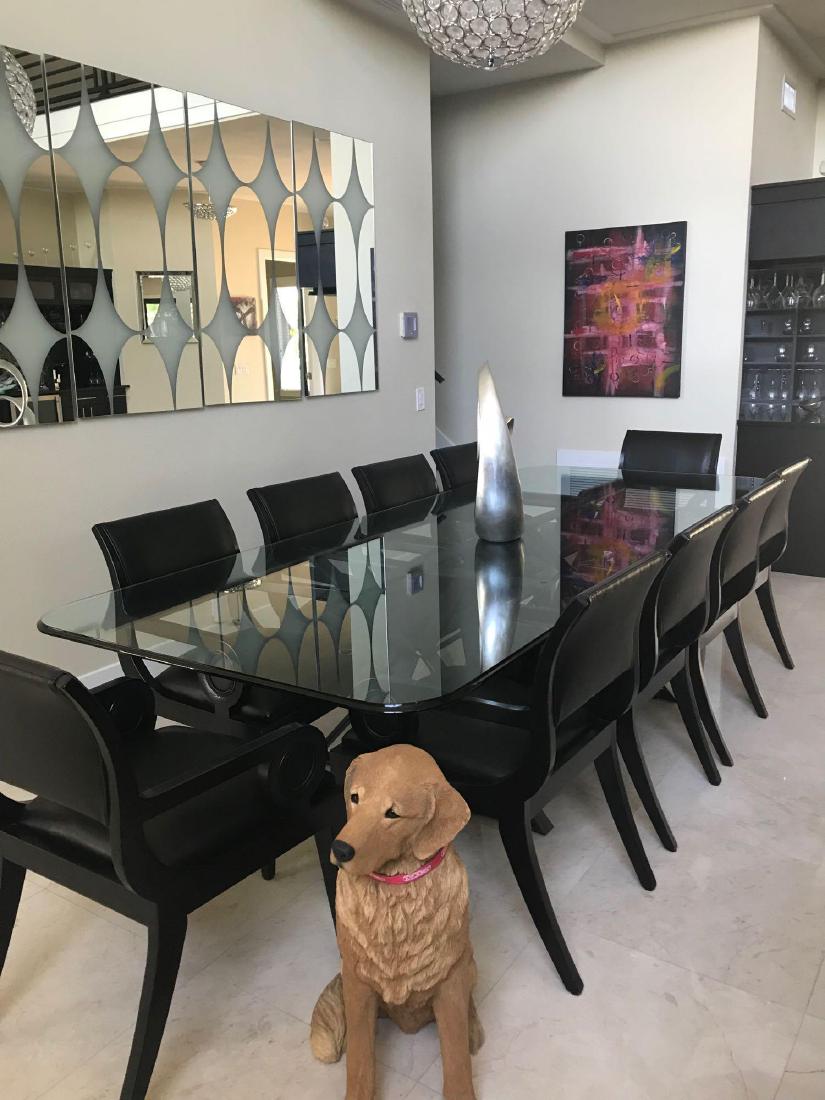 10 Seat Casa Bique Dining Chairs and Glass Boardroom: This is a fabulous Boardroom/Dining room set consisting of 10 wood and leather Chairs with 1/4" thick glass table and 2 metal bases. The 10 Wood and Leather dining chairs are very heavy. They were pro