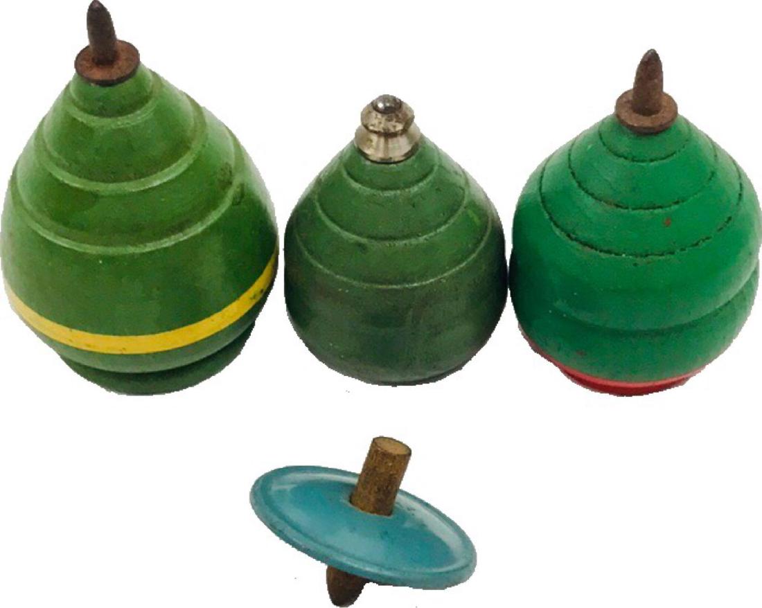 Lot of 3 Vintage Wooden Spinning Tops: Lot of 3 Vintage Wooden Spinning Tops; these tops all show metal tips. They are all in excellent condition with a strong green finish. The smallest measures 2" H x 1 3/4" DIA; the largest measures 3" 