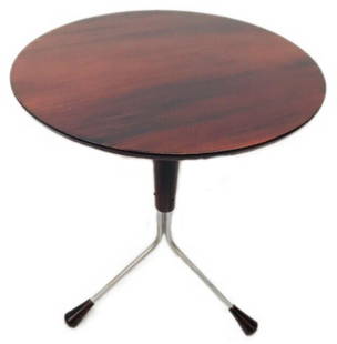 Alberts Tibro Sweden Teak Side Table: A simple and understated teak tripod side table designed by Albert Larsson for Albert's of Sweden. A useful small teak top table with brass legs and teak feet. Paper label and signature can be found o